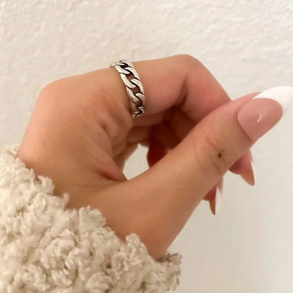 925 Sterling Silver Chunky Chain Link Ring Minimalist Curb Chain Ring - Picture 3 of 7